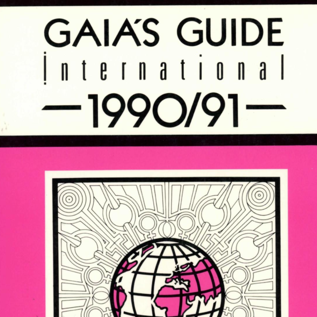 Cover of Gaia's Guide International 1990/91, a lesbian travel guide, showing a globe encircled by radiating Venus symbols on a pink background